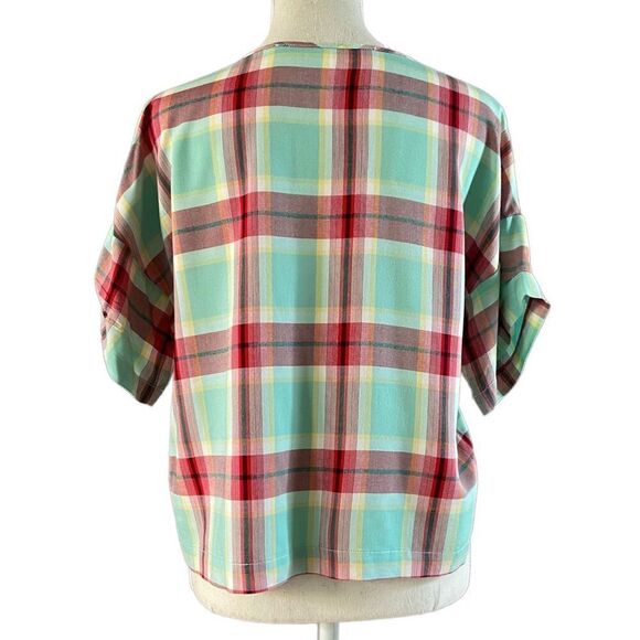 Kenzie Turquoise Red Plaid Boxy Top XS - Picture 2 of 6